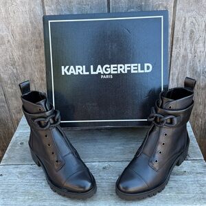 KARL LAGERFELD PARIS Womens Black Rhinestone Chained Strap Almond Toe Boots 6.5